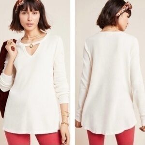 Anthropologie t.la Cream thermal waffle long Sleeve Top with keyhole opening